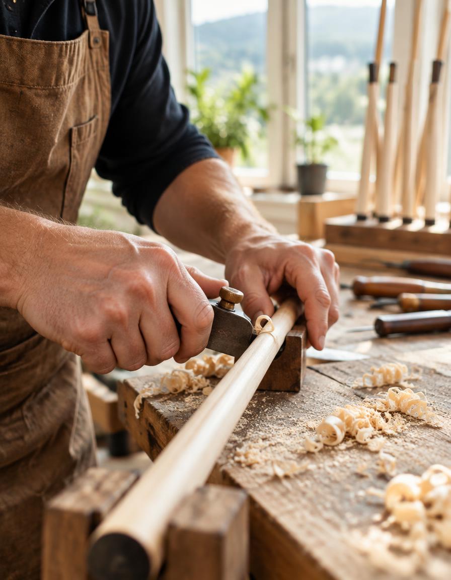 Hands shaping a cue shaft